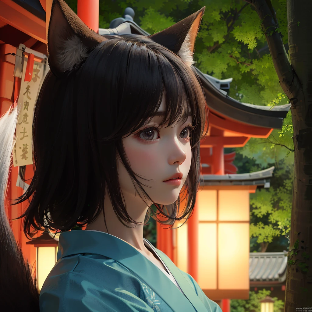 masterpiece, best quality,
1girl, looking at another,  outdoor, evening glow,  
japanese little deity with fox ears and tail, weathered and unpopular Shinto shrine, deity's lonely expression and gestures waiting for visitors, whimsical and endearing personality displayed through humorous actions and expressions, small accompanying spirits, serene Japanese landscape, surrounding forest,
rim lighting, side lighting, cinematic light, ultra high res, 8k uhd, film grain,best shadow, delicate, RAW, light particles,
detailed skin texture, detailed cloth texture,  beautiful detailed face, intricate details, ultra detailed,
<lora:hipoly3DModelLora_v20:0.4:NP>,