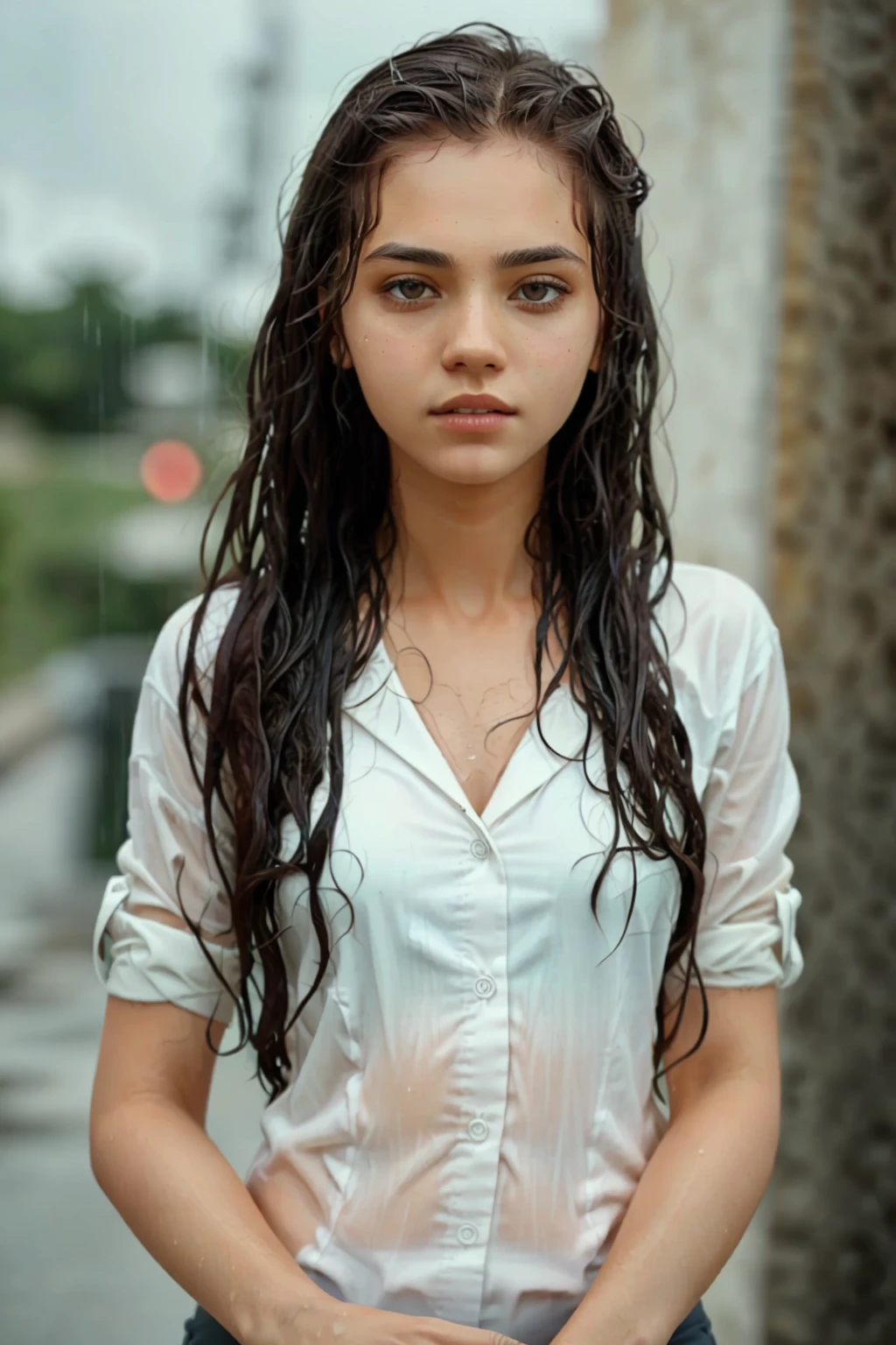 beautiful girl wearing a suit button shirt caught in the rain wet hair, (masterpiece:1.2) (illustration:1.1) (best quality:1.2) (detailed) (intricate) (8k) (HDR) (wallpaper) (cinematic lighting) (sharp focus) <lora:zovyaWetHairLORA64_V1:0.9>