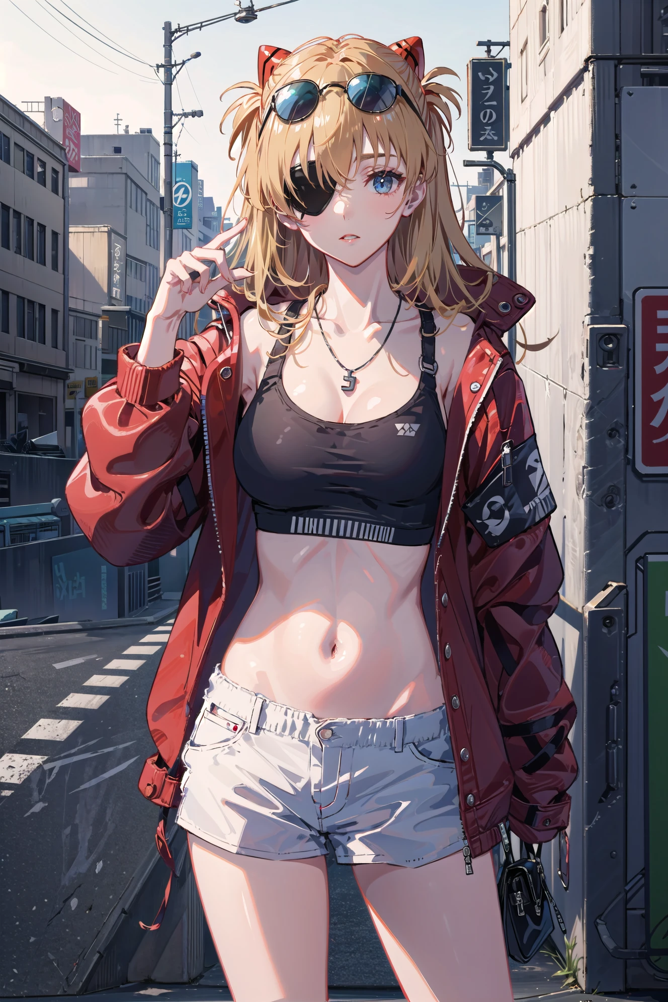 masterpiece, best quality, 8K,wall paper,photorealistic, outdoors, beautiful lighting, cinematic lighting, wall, simple background, street, day, sunlight, in public, crowds, poster, fashion,Lipstick
1girl,solo, head tilted, looking at viewer, glossy skin, contrapposto, medium breasts, navel, midriff, necklace, female focus,short shorts,v pose,model,
Eye Patch,blonde hair, souryuu asuka langley,red jacket, cool,white sports bra, eyewear on head,white shirt, balck cup,white bra
<lora:Hipoly 3D Model:0.2:NF>, <lora:evaAsuka_v10:0.5:CHAR>,