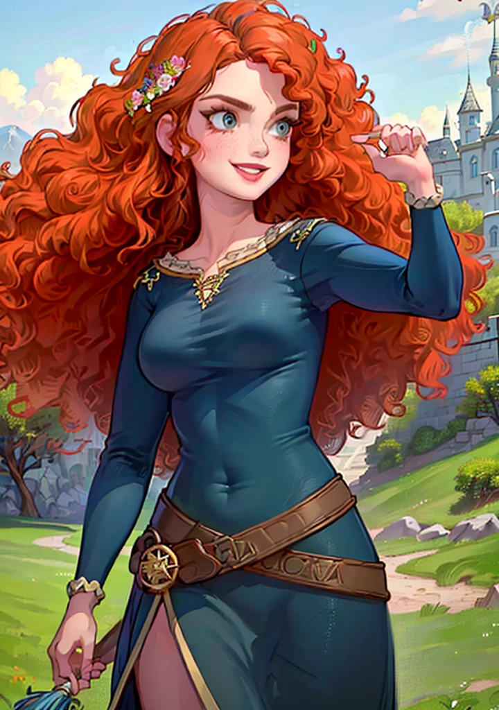 (MeridaWaifu:1), 1girl, smile, :D, sexy, looking at viewer, (dress:1.2), from below, magic, (fight pose:1.2), (big breasts), curvy, holding bow,

(realistic:1.2), (realism), (masterpiece:1.2), (best quality), (ultra detailed), (8k, 4k, intricate),(full-body-shot:1),(Cowboy-shot:1.2), (85mm),light particles, lighting, (highly detailed:1.2),(detailed face:1.2), (gradients), nsfw, colorful, (detailed eyes:1),

(detailed ladscape, castle, fild, grass, mountains, flowers:1.2), (sky, clouds:1.2),(detailed background),detailed landscape, (dynamic angle:1.2), (dynamic pose:1.2), (rule of third_composition:1.3), (Line of action:1.2), wide shot, daylight, solo,

 <lora:MeridaBrave_character-20:0.7>