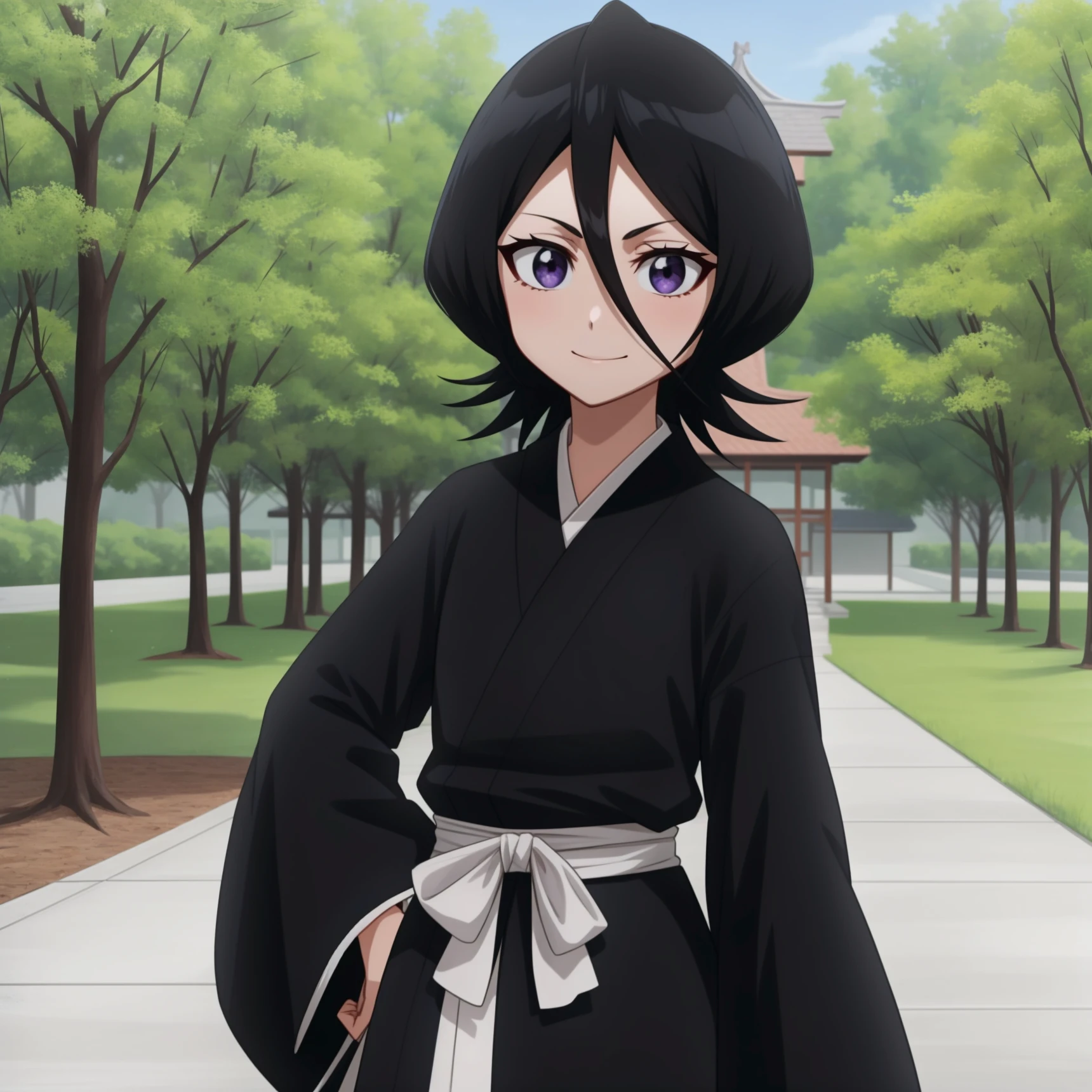 <lora:Rukia:1>,
,anime screencap, forest,path,
1girl, solo, hand on hip, short hair, black hair, purple eyes, japanese clothes, smile, looking at viewer, black kimono, hair between eyes, cowboy shot, wide sleeves, facing viewer, black hakama,white_sash,