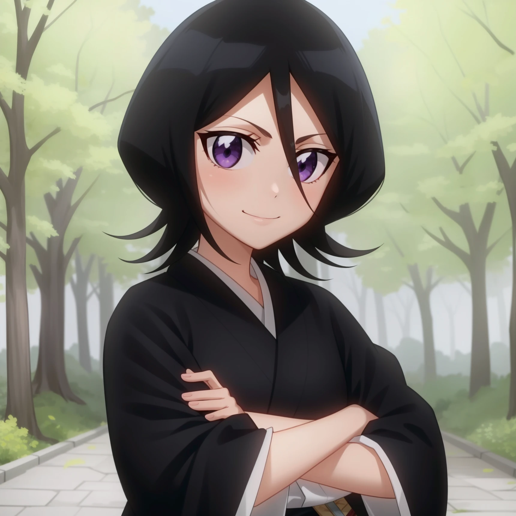 <lora:Rukia:1>,
,anime screencap, forest,path,
1girl, solo, crossed arms, short hair, black hair, purple eyes, japanese clothes, sword, weapon, smile, simple background, looking at viewer, black kimono, hair between eyes, kimono, wide sleeves