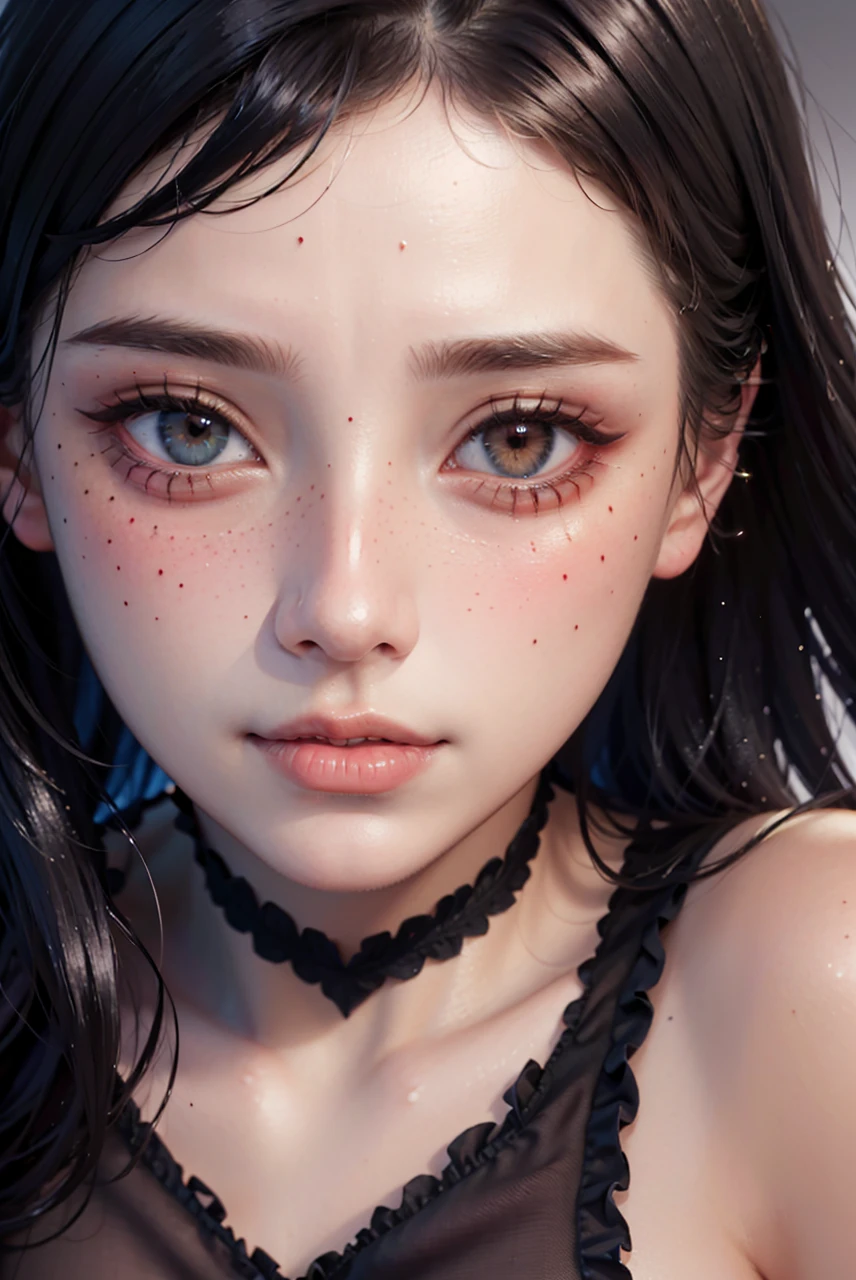 (masterpiece, best quality, photorealistic, absurdres, 8k:1.2), detailed pupils, (heterochromia), flawless face, simple background, pale skin,
1girl, solo, (close up, face focus:1.6), looking at viewer, [light smile], EGirlMakeup, gothic eye shadow, eye glitter, eyelashes, eyeliner, black lips, matte lipstick, heart \(symble\) on face, shiny skin, very long hair, curly hair,
fringe skirt, chocker, see-through, <lora:coloredLipstickLoha_v420:0.5>, <lora:eGirlMakeup-10:0.6:LyCOFACE>