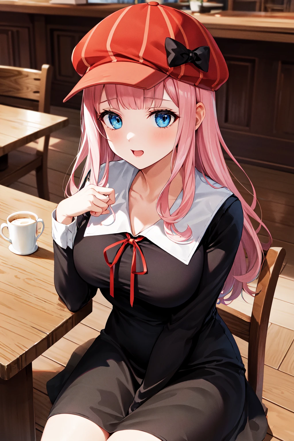 masterpiece, best quality, highres, chika1, fujiwara chika, school uniform, black bow, black dress, red ribbon, long sleeves, blunt bangs, neck ribbon, collared dress, large breasts, headwear, hat bow, <lora:fujiwara_chika_v1:0.7>, cowboy shot, sitting, cafe, table