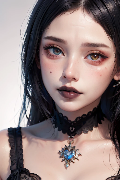 (masterpiece, best quality, photorealistic, absurdres, 8k:1.2), best lighting, detailed pupils, heterochromia, flawless face, simple background, pale skin,
1girl, solo, (close up, face focus:1.6), looking at viewer, [light smile], ((EGirlMakeup)), gothic eye shadow, eye glitter, eyelashes, eyeliner, ((lipstick, black lips, matte lipstick)), heart \(symble\) facial mark, shiny skin, very long hair, curly hair,
fringe skirt, chocker, see-through, <lora:coloredLipstickLoha_v420:0.6>, <lora:eGirlMakeup-08:0.8:LyCOFACE>