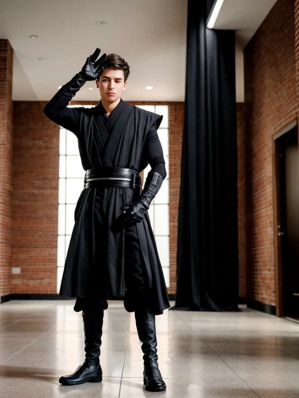 young man dressed in sithoutfit with his hands up <lora:sithoutfitV1:0.7>, RAW photo, 8k uhd, dslr, soft lighting, high quality, film grain, Fujifilm XT3,8k HD high definition detailed realistic, hyper detailed,higly detailed face,higly detailed hands