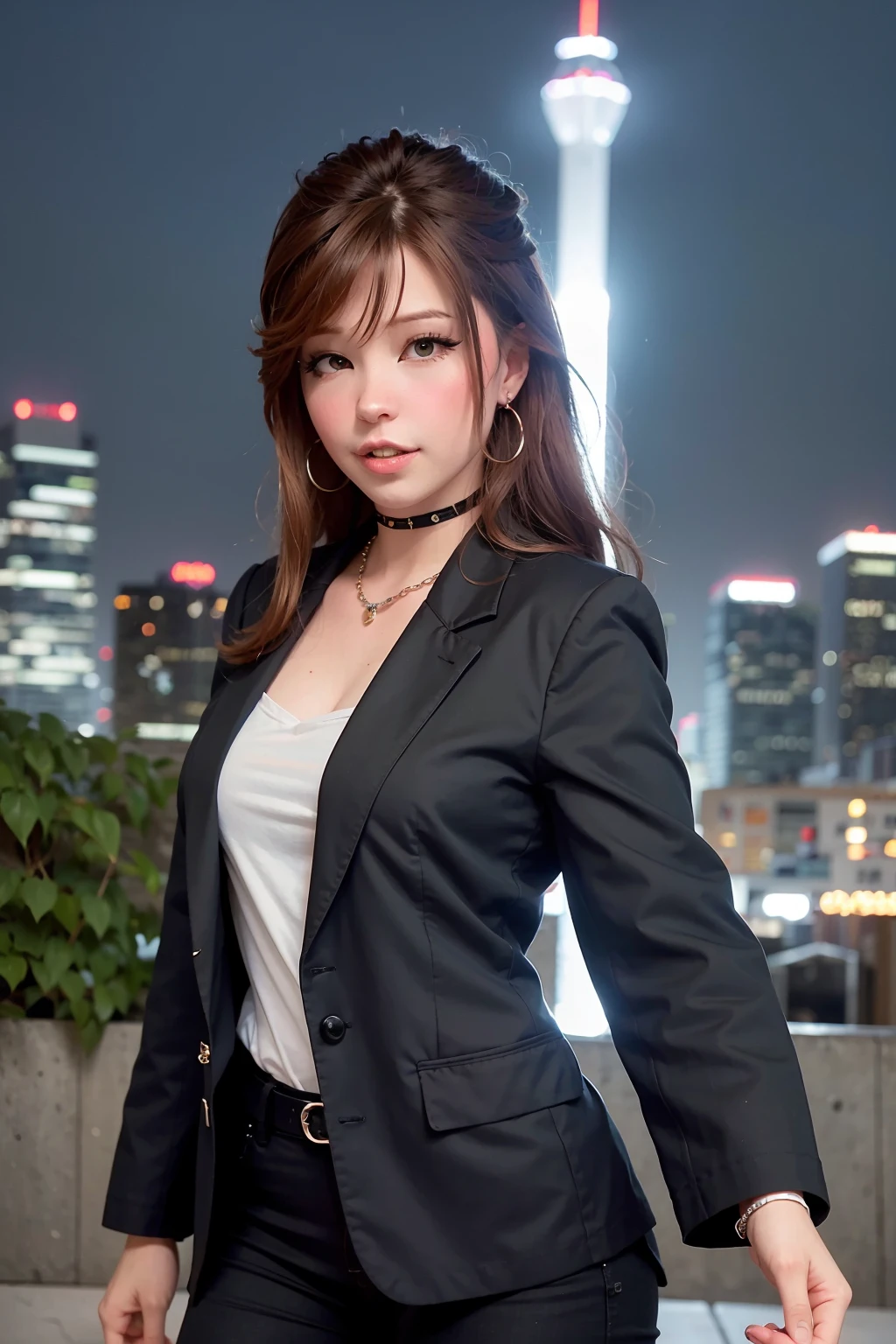 nikon RAW photo,8 k,Fujifilm XT3,masterpiece, best quality, 1girl,solo,realistic, photorealistic,ultra detailed, diamond stud earrings, long straight black hair, hazel eyes, serious expression, slender figure, wearing a black blazer and white blouse, standing against a city skyline at night <lora:DI_belle_delphine_v1:1.0>