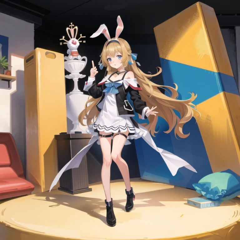 masterpiece, best quality,1girl, (solo:1.3),standing,full body,
ChioriMikami,long hair,blue eyes,blonde hair,red rabbit ears,flat chest,
official art, simple background, close-up,