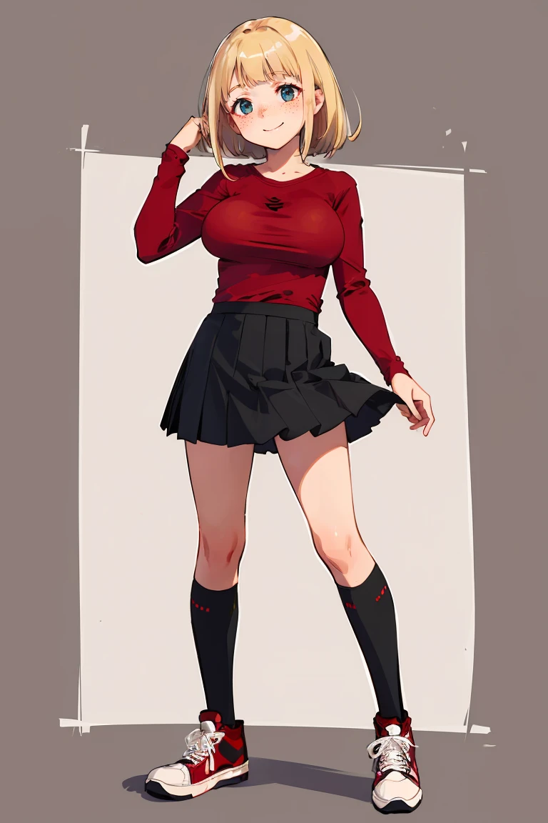 (best quality, masterpiece:1.2), detailed eye, intricate detail, depth of field, 1girl, happy, standing, full body, (simple background:1.2), red shirt, skirt, kneehighs, sneakers, blonde, freckles, ( large breasts:1.2) <lora:Squeezer:2>