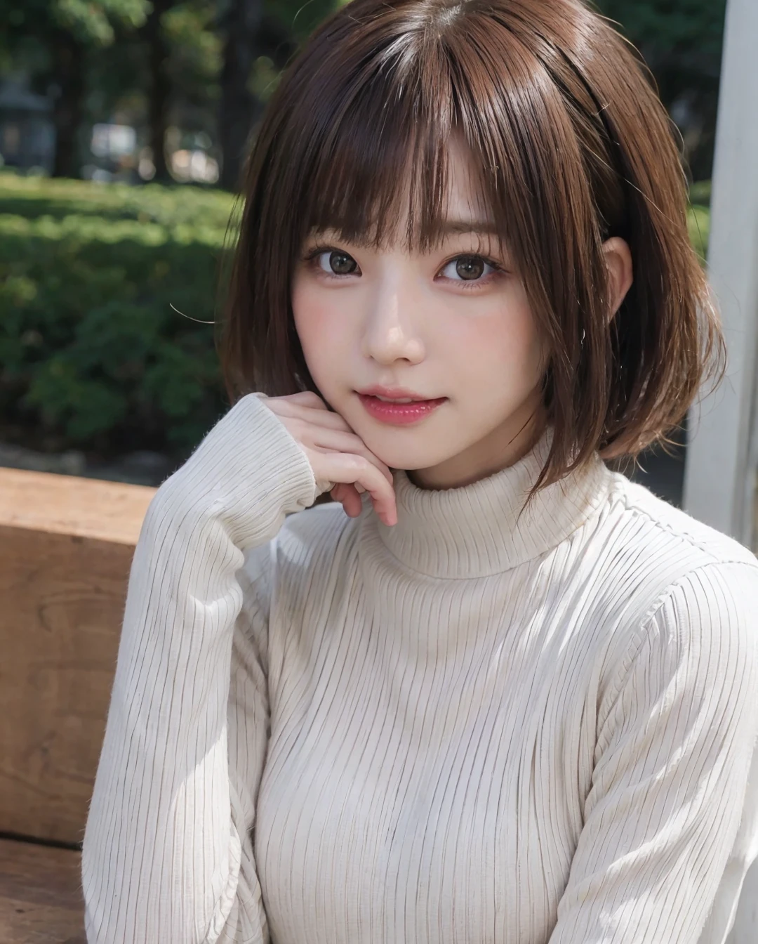 best quality, photorealistic, 8k, high res, 1girl, woman, (skindentation), (professional lighting), (portrait:0.6), (medium hair, looking at viewer, high-neck sweater:1.6), (looking at the camera), ((smile, gorgeous, medium-length hair, parted bangs:1.3)), (looking at the camera), photorealistic, (bokeh), (portait:0.6), dynamic pose:1.2, upper body, pureerosface_v1:1, <lora:grav-Enako:0.55>