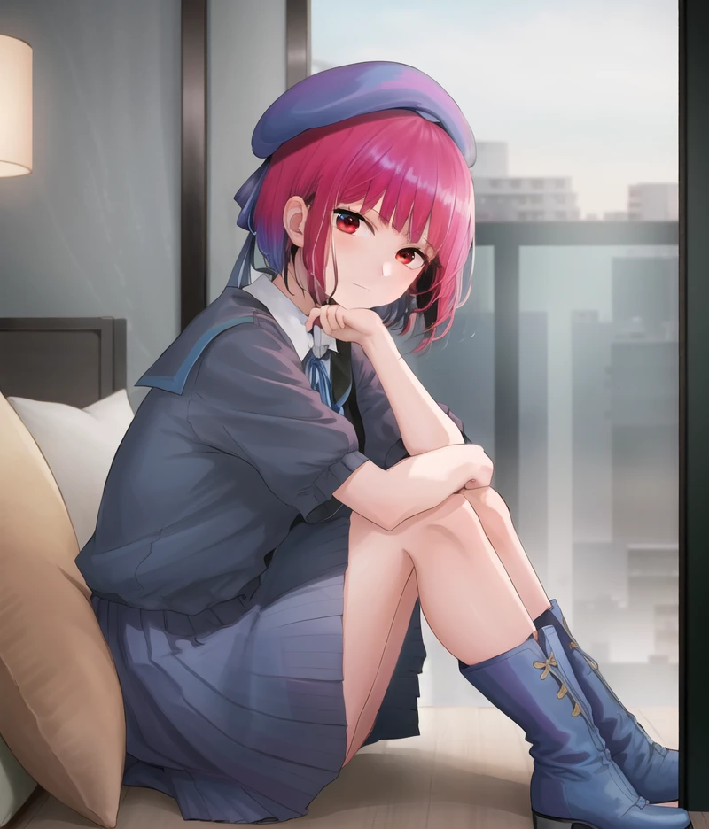 AirmaKana; fanart; 1girl, solo, dark blue beret, bob cut, school uniform,  ribbon, bangs, looking at viewer, hat, closed mouth, indoors, sitting, short sleeves, parody, hotel,   head tilt, from side, boots, knees up, pillows, arm support

 <lyco:oshinoko_0414_extract32783_convP01_linearP04:0.95>