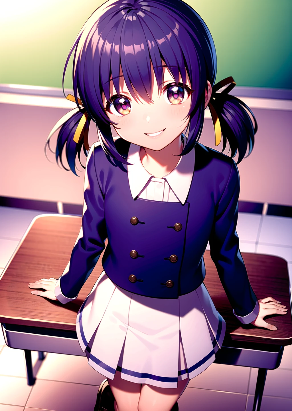 ((masterpiece)), ((best quality)), ((highres)), ((detailed background)), ((extremely detailed CG unity 8k wallpaper)), solo, young girl, classroom, <lora:sunohara mei:0.9>, sunohara mei, buttoned uniform, white skirt, black socks, smile