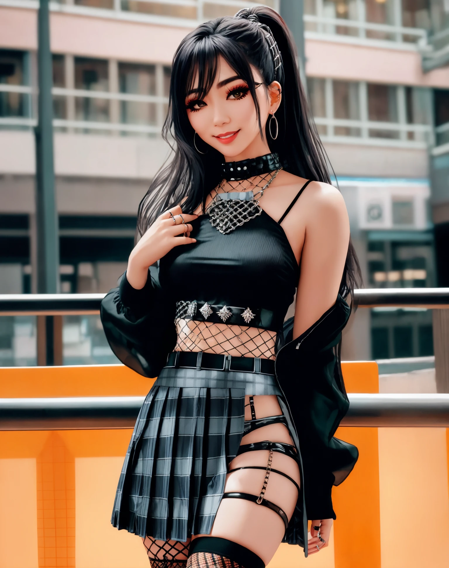 Masterpiece,8k, perfect face highly detailed,HDR, ultra realistic photoshoot, absurdres,award winning photo, extremely detailed, amazing, fine detail, smiling, excited, fit woman, tiny waist,egirl makeup, thepit style, <lora:Asian_Urban_Gal:0.8>, Urban_Gal, a woman with black hair , asian woman wearing Urban_Gal, tank top, leather jacket, sunglasses,(((plaid skirt))),chains connected to rings, (((fishnets))), modelshoot