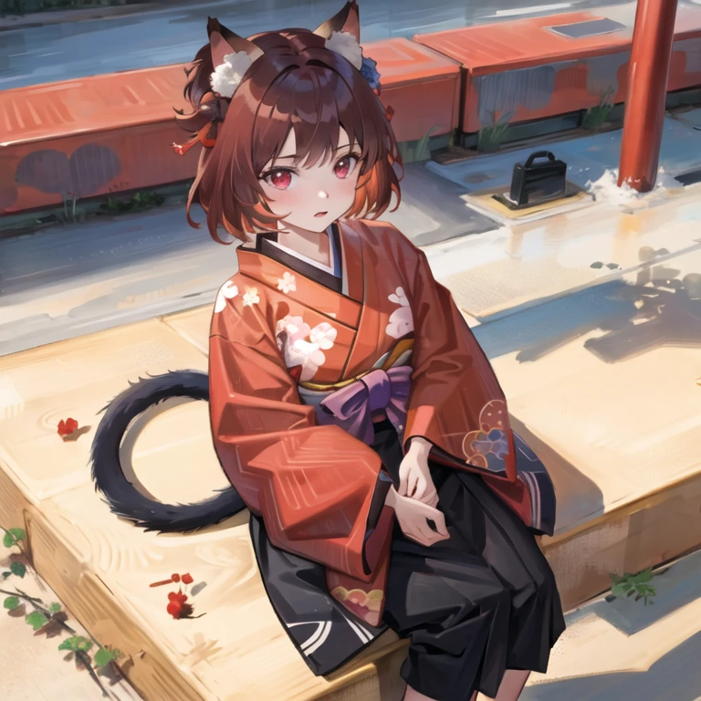 masterpiece, best quality, 1girl,(solo:1.3),standing,official art, simple background, close-up,looking at viewer,
Ichihime,cat girl,cat ears,brown hair,short hair,red eyes,hair ribbon,hair bell,kimono,purple hakama skirt,