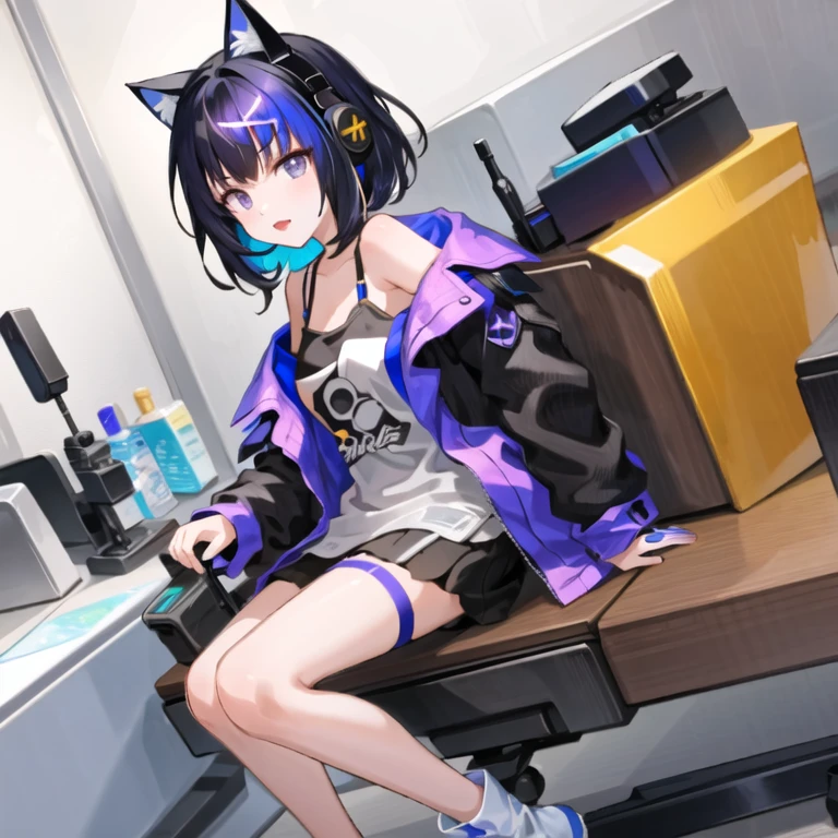 masterpiece, best quality, 1girl,(solo:1.3),standing,official art, simple background, close-up,
HibikiHimekawa,short hair,multicolored hair,black hair,purple hair,blue hair,cross hair ornaments,blue eyes,cat ear headphones,