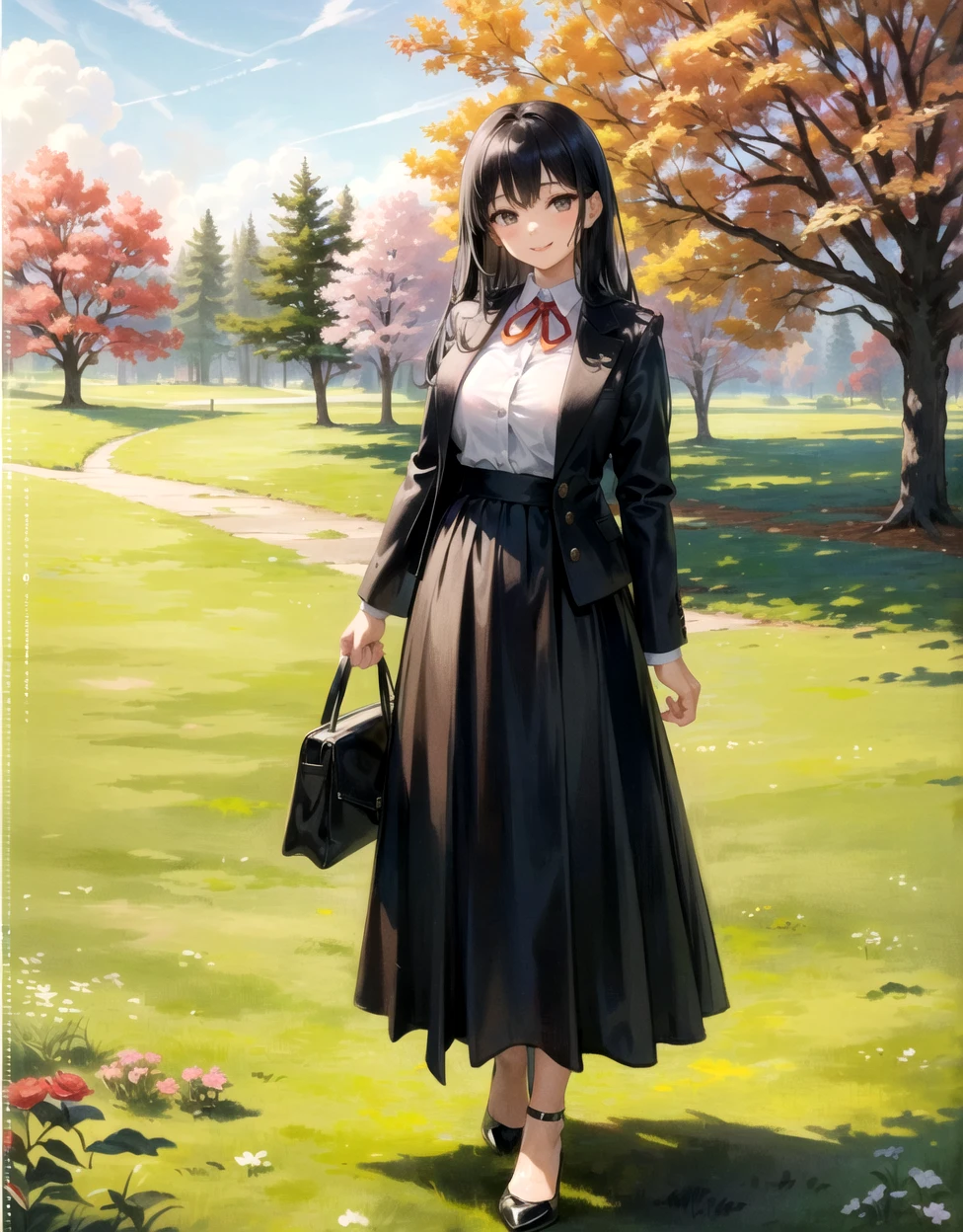 1girl, autumn, bag, bangs, black_hair, black_skirt, breasts, brown_eyes, high_heels, jacket, large_breasts, leaf, long_hair, long_skirt, looking_at_viewer, mole, outdoors, ribbon, skirt, smile, solo, tree, field, flowers, smile