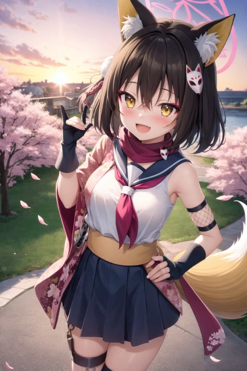 (masterpiece, HDD, Ultra HDD|, 4k) brown hair, too much, 14 year old cat ears Japanese girl, ????? girl, shaggy white tail, play with pokemon (living things) In a clear forest stream , fan hair girl, relaxed look, blush