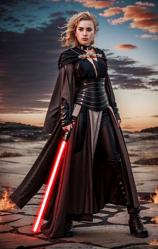 angry woman dressed in a sthoutfit,on lava,blond hair,RAW photo, 8k uhd, dslr, soft lighting, high quality, film grain, Fujifilm XT3,8k HD high definition detailed realistic, hyper detailed,higly detailed face,higly detailed hands <lora:SithoutfitV2:1>