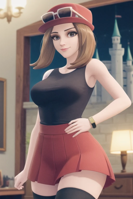 masterpiece, best quality, 1girl, (detailed anatomy), (athletic), (castle bedroom:1.3), (night:1.2), (happy), absurdres, perfect lighting, sexy face,

overwatch 3d porn style,  <lora:style-overwatch3dpornV1:1>, blender, 3d,

character_pokemon_serena, red hat, eyewear on headwear,  sleeveless shirt, red high-waist skirt, (black thighhighs), grey eyes, mega ring, <lora:Serena:0.3>