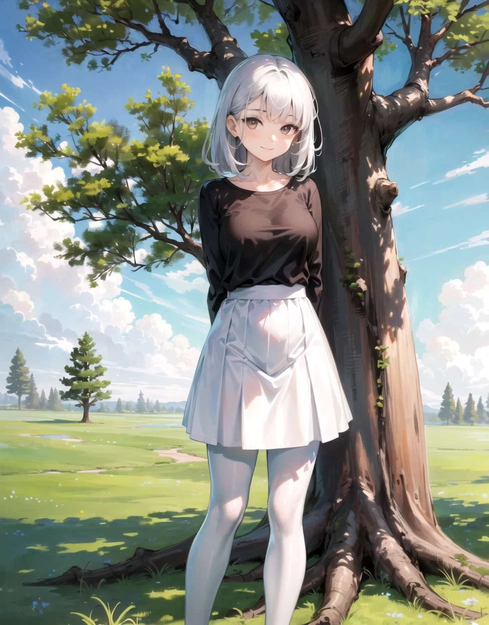 (Woman:1.2), bangs, black shirt, blue sky, brown eyes, closed mouth, silver hair, day, grey hair, highres, looking at viewer, medium hair, full body, full shot, white skirt, smile, (arms at sides:1.2), solo, large breasts, (near tree:1.4), pantyhose, grass, standing