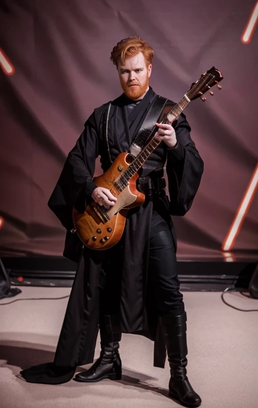 ginger man dressed in sithoutfit playing a guitar,on a stage ,RAW photo, 8k uhd, dslr, soft lighting, high quality, film grain, Fujifilm XT3,8k HD high definition detailed realistic, hyper detailed,higly detailed face,higly detailed hands <lora:SithoutfitV2:1>