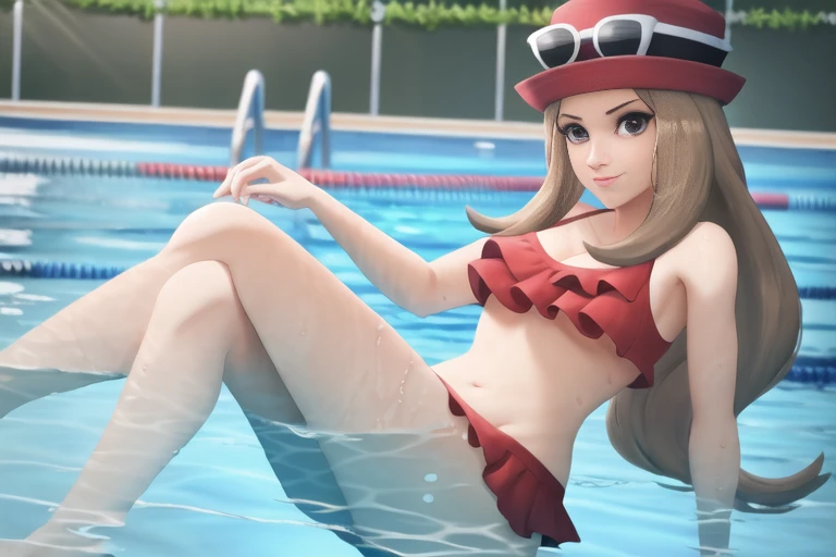 masterpiece, best quality, 1girl, (detailed anatomy), (athletic), (happy), absurdres, perfect lighting, sexy face, small nose,

overwatch 3d porn style,  <lora:style-overwatch3dpornV1:1>, blender, 3d,

 character_pokemon_serena, red hat, eyewear on headwear, long hair, grey eyes, <lora:Serena:0.5> , 

 frilly bikini, (frills:1.2),

 (swimming pool:1.3) ,

 large breasts ,

 (sexy pose)