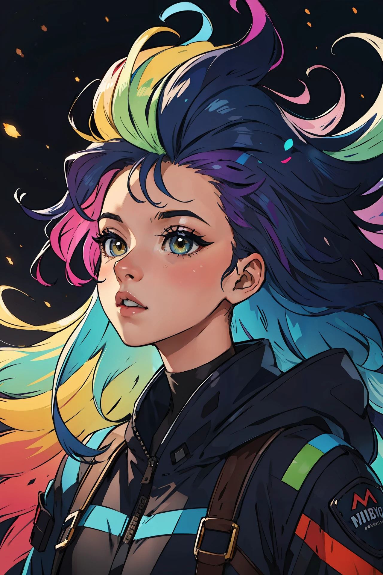 masterpiece, best quality, girl with rainbow hair, really wild hair, mane