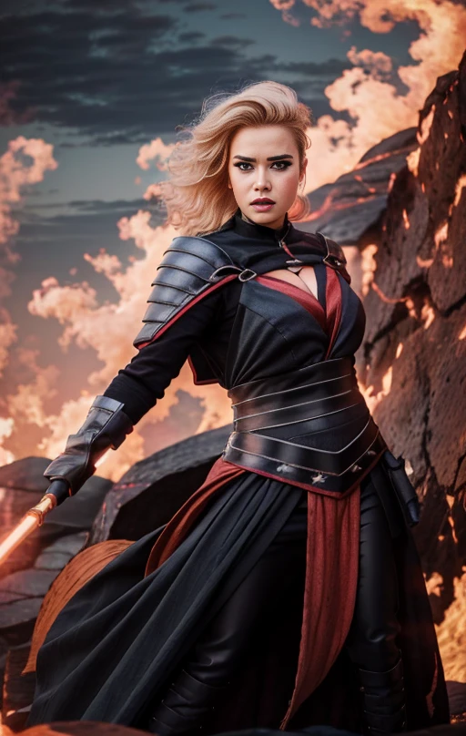 angry woman dressed in a sthoutfit,on lava,blond hair,RAW photo, 8k uhd, dslr, soft lighting, high quality, film grain, Fujifilm XT3,8k HD high definition detailed realistic, hyper detailed,higly detailed face,higly detailed hands <lora:SithoutfitV2:1>