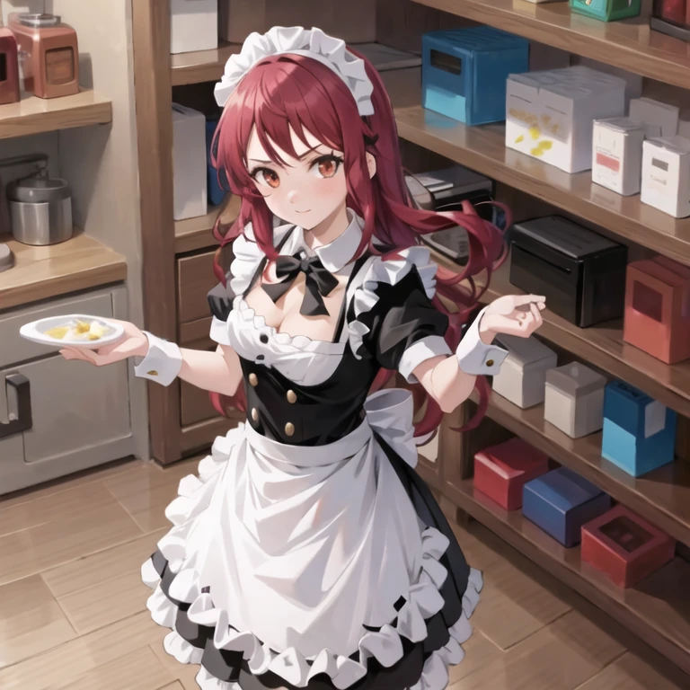 masterpiece, best quality, 1man,(solo:1.3),standing,official art, simple background, close-up,looking at viewer,
KujouRiu,long hair,red eyes,purple hair,huge breasts,kitchen, maid,