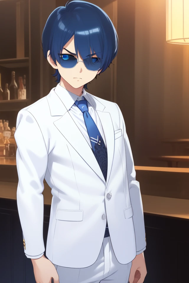 best quality,highly detailed,ultra-detailed,masterpiece,illustration,beautiful detailed eyes, Anime, Moe,(((illustration))), (((solo))), ((1boy)), adult male, ((deepblue eyes)),(((darkblue hair))),((((very short hair)))),serious, (((white suit))),bartender,necktie,(((1 sunglasses on eyes))) ,white suit pants,dim light,pub,