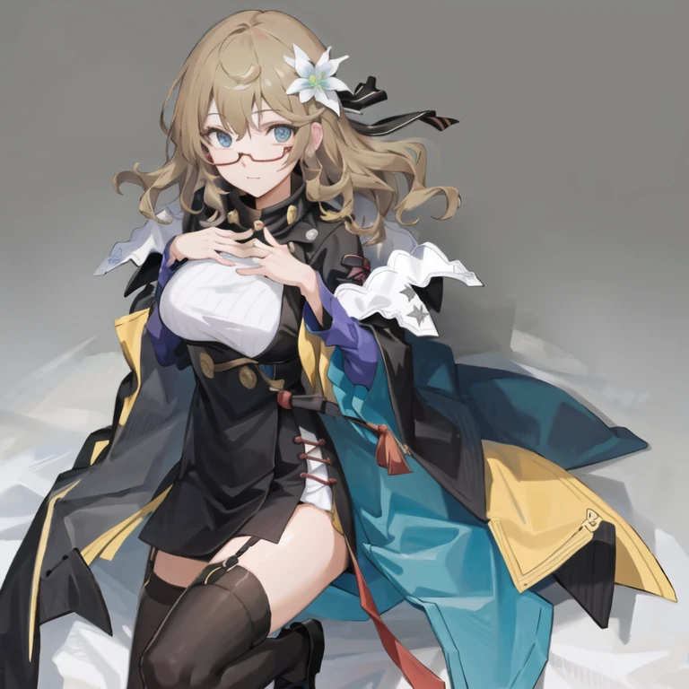 masterpiece, best quality, 1man,(solo:1.3),standing,official art, simple background, close-up,looking at viewer,
KisaragiAyane,long hair,blue eyes,glasses,hair ornaments,blonde hair,huge breasts,