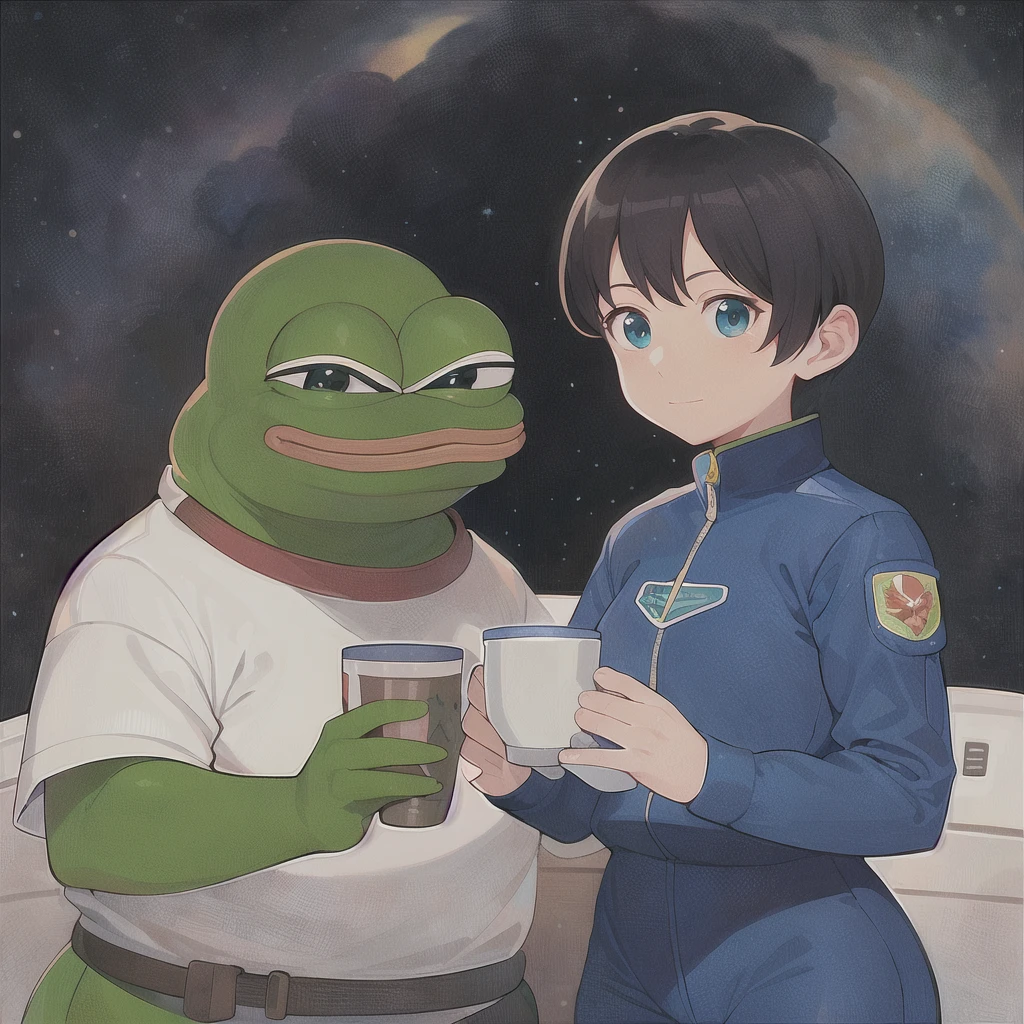 ((pepe_frog)) ((boy person)), a female in space suit on space station, in weightlessness, holding a cup, photorealistic, intricate details, hdr, antialiased, 8k, syd mead, sharp details, vallejo, little smile, illustration, artgerm, donato giancola, Joseph Christian Leyendecker, Les Edwards, Ed Repka, WLOP, Artgerm , by studio ghibli , cartoon,
 <lora:pepe_frog_v2:1>