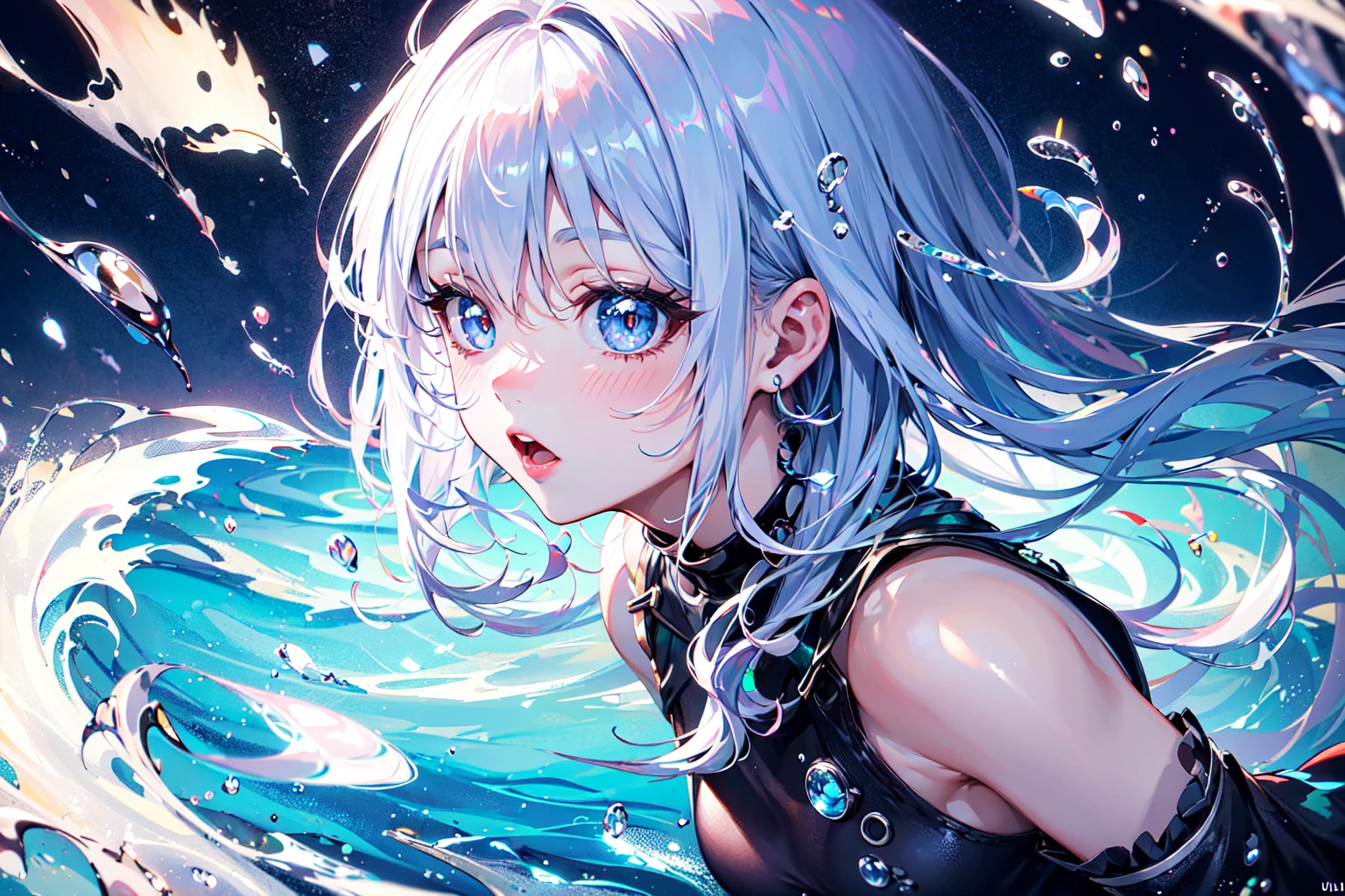 absurdres, highres, ultra detailed, Ultra-precise depiction, Ultra-detailed depiction,
(1girl, solo), (kawaii:1.2),
([ water effects | Light Effects | Feathers effects ]:1.3),