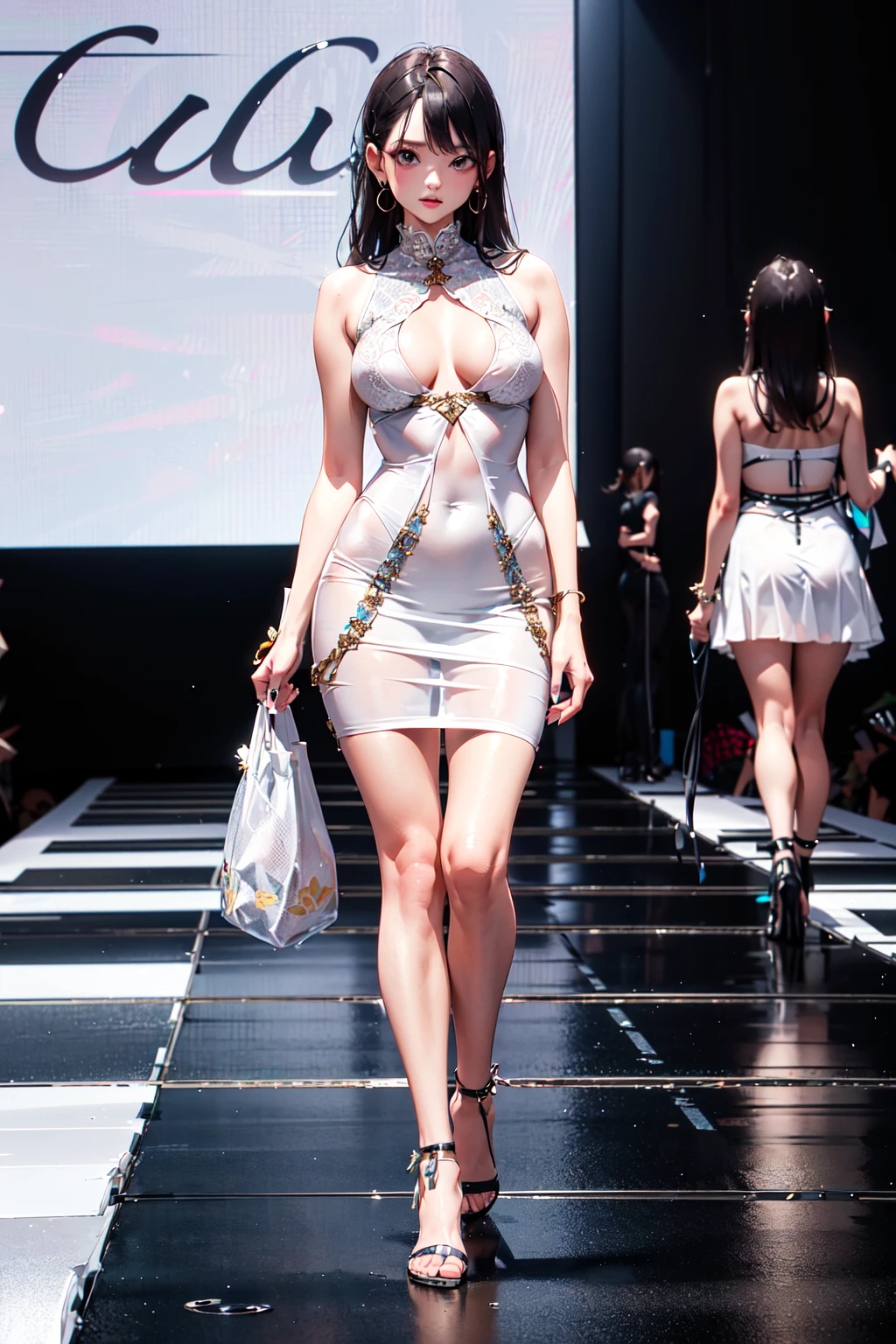 absurdres, highres, ultra detailed, (1girl, solo),
fashion, ready-to-wear clothing, Paris Collection, (Model wearing outfit and walking down runway:1.5),