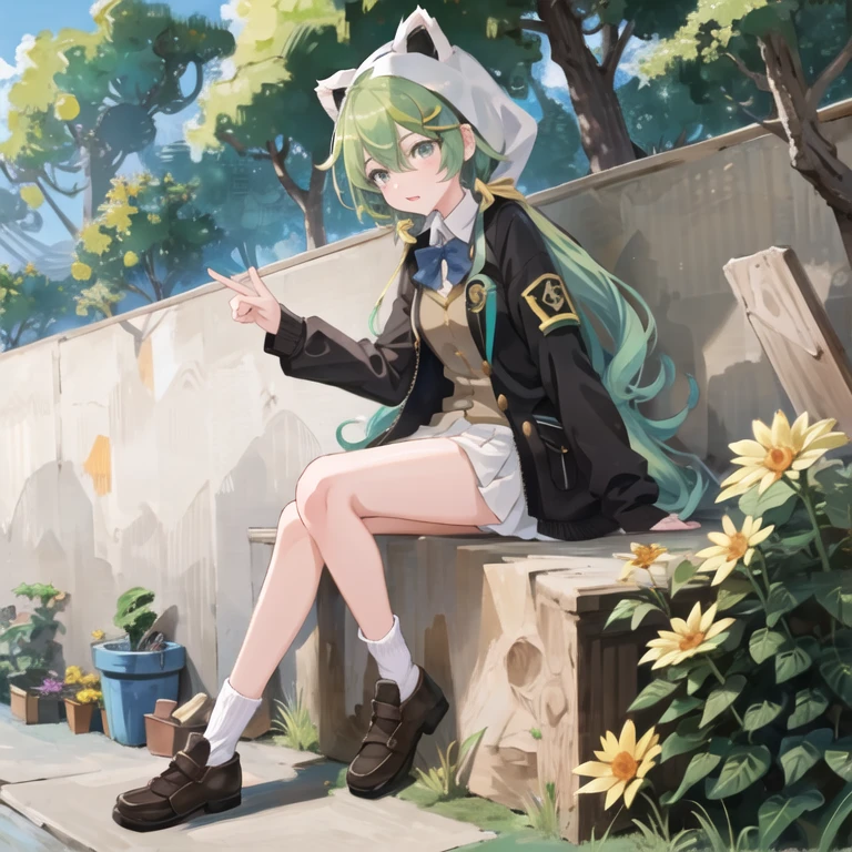 masterpiece, best quality, 1girl,(solo:1.3),standing,official art, simple background, close-up,
Yuzu(Majsoul),green hair,green eyes,long hair,cat ears,school uniform, school,