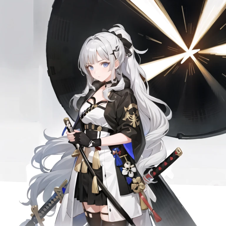masterpiece, best quality, 1girl,(solo:1.3),standing,official art, simple background, close-up,looking at viewer,
SaionjiKazuha,long hair,ponytail,white hair,blue eyes,katana,