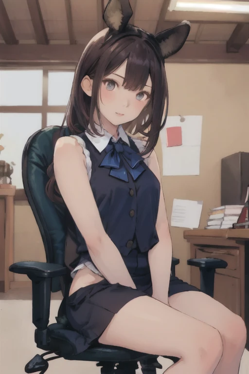 1 girl, cute, sexy, best quality, ultra high res, detailed face, sitting on chair, office, detailed background, detailed lighting, depth of field, clk, vest, pencil skirt, bow ,<lora:enako-v2:1>