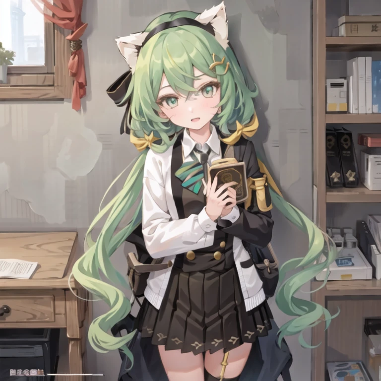 masterpiece, best quality, 1girl,(solo:1.3),standing,official art, simple background, close-up,
Yuzu(Majsoul),green hair,green eyes,long hair,cat ears,school uniform, school,