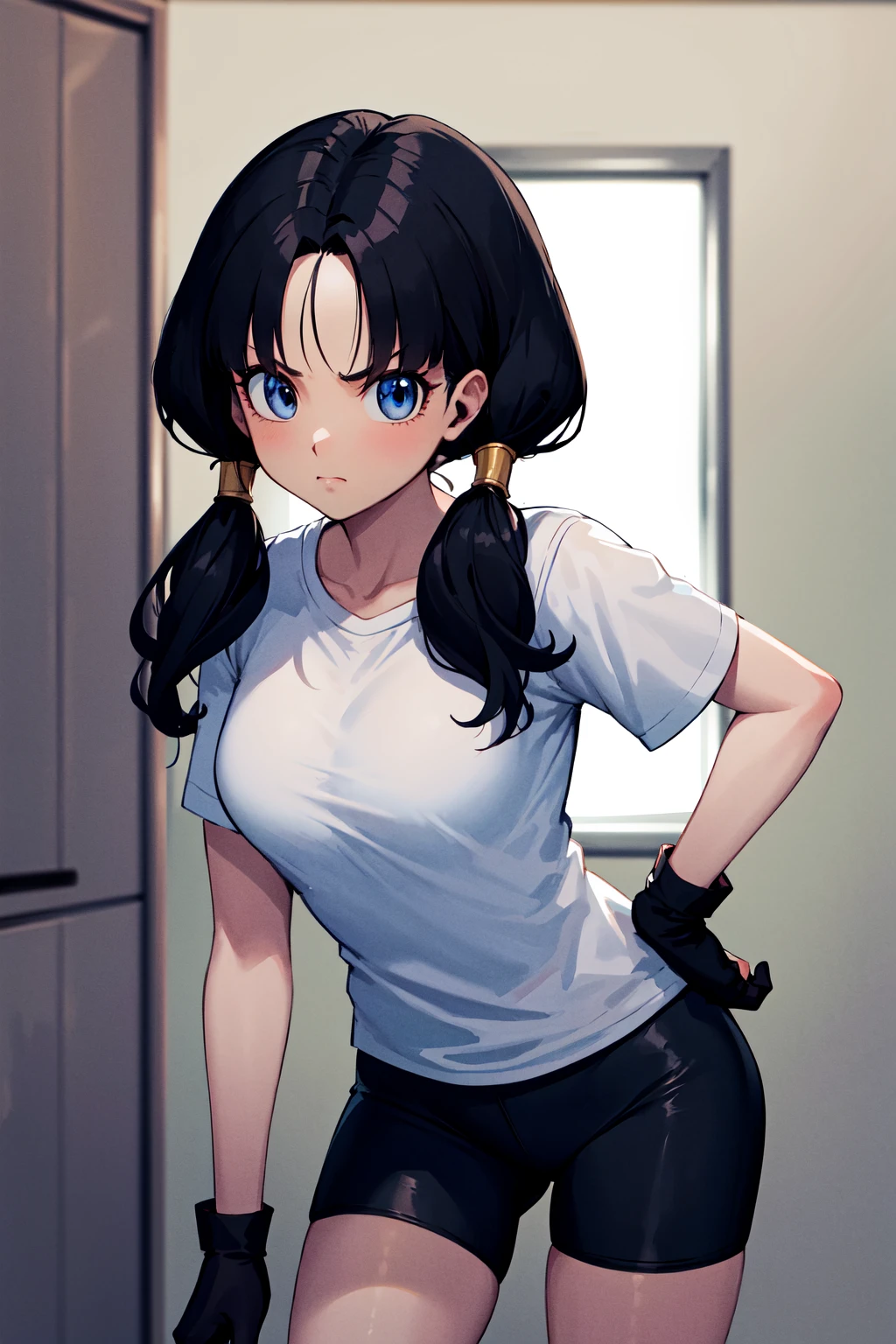 masterpiece, best quality, highres, videl2, solo, blue eyes, black hair, twintails, black gloves, bike_shorts, bangs, white shirt, badge, medium breasts, <lora:videl_v10:0.7>, cowboy shot, frown, hand on hip, leaning forward, pointing at viewer,