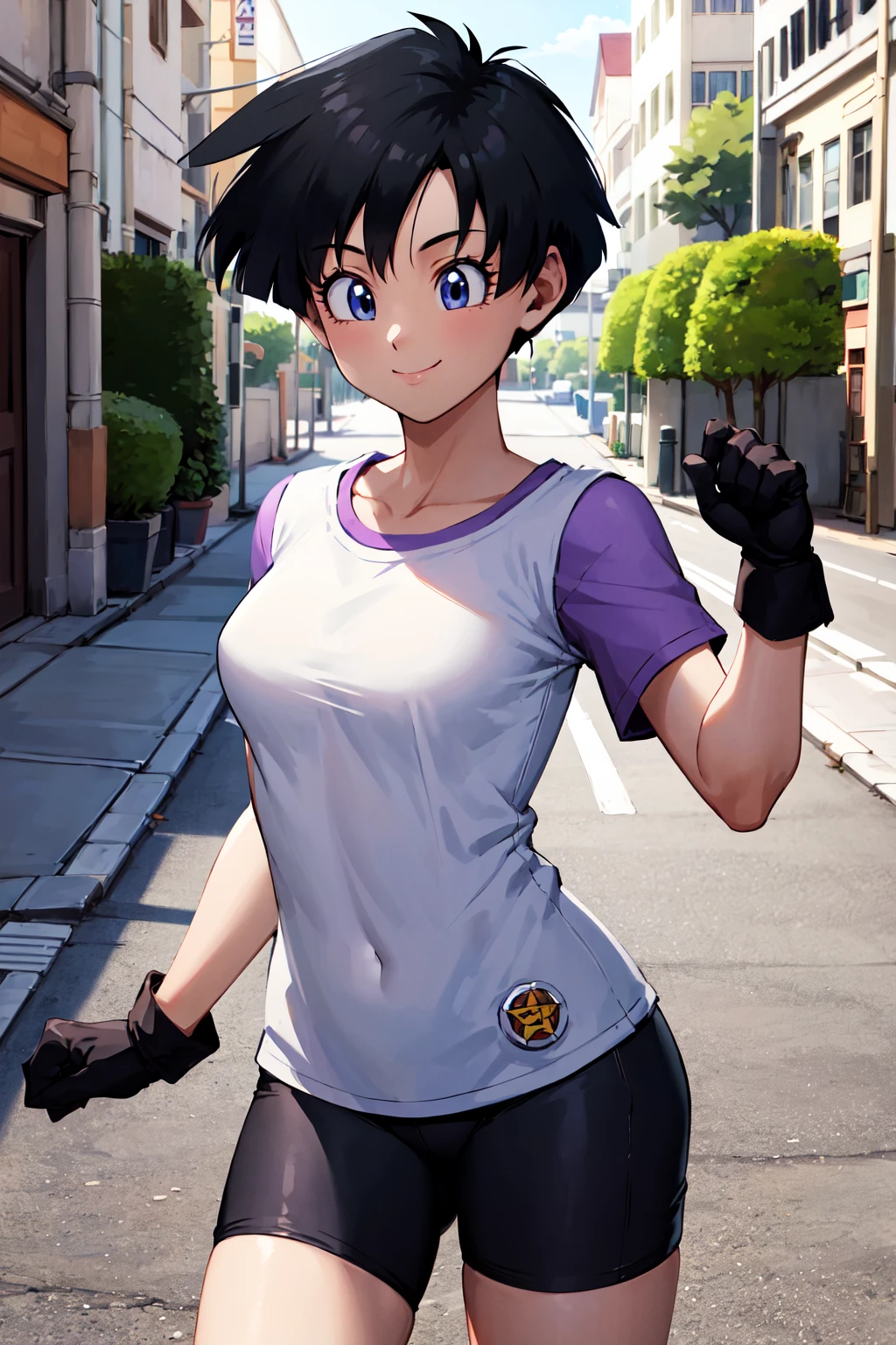 masterpiece, best quality, highres, (videl1:1.1), solo, blue eyes, black hair, short hair, black gloves, bike_shorts, bangs, purple shirt, white shirt, purple short sleeves, medium breasts, <lora:videl_v10:0.7>, cowboy shot, smile, street,