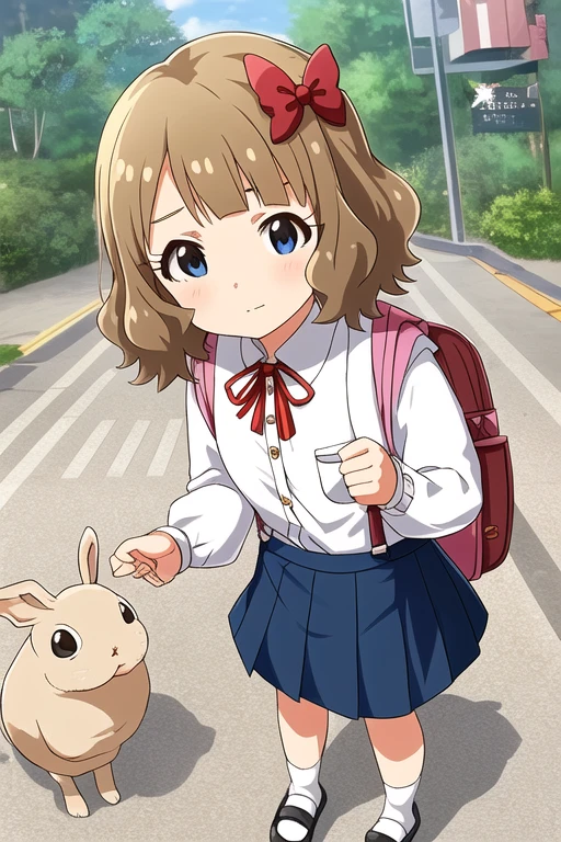 MOMOKO SUOU,

1girl, backpack, bag, blue eyes, blue skirt, brown hair, bug, bush, butterfly, closed mouth, crosswalk, food, holding, insect, long sleeves, looking at viewer, mary janes, pavement, rabbit, randoseru, red headwear, red ribbon, ribbon, school uniform, shirt, shoes, short hair, skirt, socks, solo, standing, striped, striped ribbon, suspender skirt, suspenders, utility pole, white shirt

<lora:mirishita-v2.1:1>