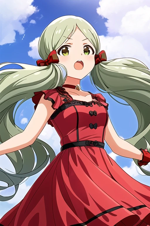 ROCO HANDA,
1girl, bow, breasts, choker, cloud, dress, dress bow, green eyes, green hair, hair bow, long hair, looking at viewer, low twintails, open mouth, red bow, red choker, red dress, red footwear, sky, small breasts, solo, twintails, very long hair
<lora:mirishita-v2.1:1>