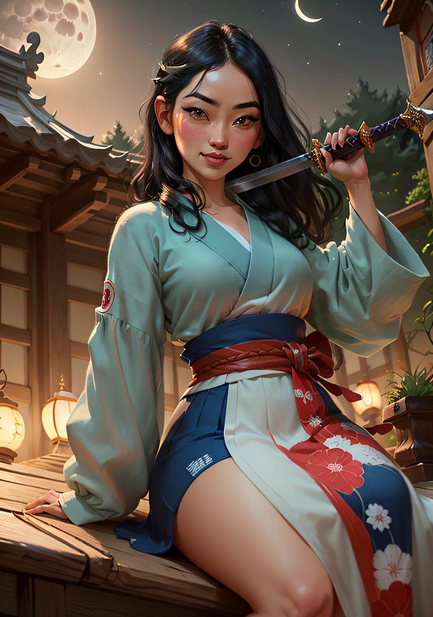 (MulanWaifu:1), smile, cute, cute pose, looking at viewer, thick thighs, (japanese clothes:1.2), breast focus, from below, (sitting:1),
(realistic:1.2), (realism), (masterpiece:1.2), (best quality), (ultra detailed), (8k, 4k, intricate),(full-body-shot:1),(Cowboy-shot:1.2), (85mm),light particles, lighting, (highly detailed:1.2),(detailed face:1.2), (gradients), sfw, colorful,(detailed eyes:1.2),
(detailed ladscape, japanese garden, night, moon light, sword:1.2),(detailed background),detailed landscape, (dynamic angle:1.2), (dynamic pose:1.2), (rule of third_composition:1.3), (Line of action:1.2), wide shot, daylight, solo,
<lora:Mulan_character-20:0.6>