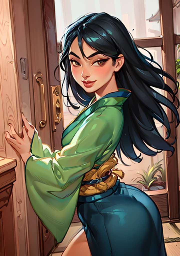 (MulanWaifu:1), smile, cute, cute pose, looking at viewer, thick thighs, (japanese clothes, kimono:1.2), breast focus,
(realistic:1.2), (realism), (masterpiece:1.2), (best quality), (ultra detailed), (8k, 4k, intricate),(full-body-shot:1),(Cowboy-shot:1.2), (85mm),light particles, lighting, (highly detailed:1.2),(detailed face:1.2), (gradients), sfw, colorful,(detailed eyes:1.2),
(detailed ladscape, japanese dojo, furniture, door, plants:1.2),(detailed background),detailed landscape, (dynamic angle:1.2), (dynamic pose:1.2), (rule of third_composition:1.3), (Line of action:1.2), wide shot, daylight, solo,
<lora:Mulan_character-20:0.6> <lora:reiqStyleLORA_v2:0.6>