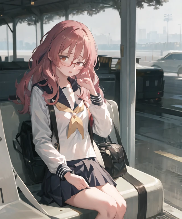 1girl, ai_mie, glasses, sailor collar, serafuku, long sleeve, sad, city, <lora:ai-mie-lora:1>