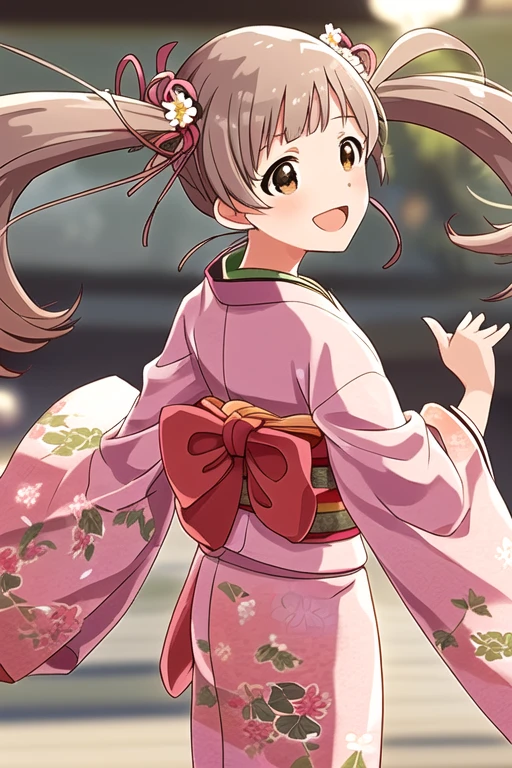 SERIKA HAKOZAKI,
1girl, blurry, blurry background, border, brown eyes, brown hair, floral print, green ribbon, hair ribbon, hand up, japanese clothes, kimono, long hair, looking back, musical note, obi, open mouth, pink kimono, print kimono, ribbon, sash, smile, solo, twintails

<lora:mirishita-v2.1:1>