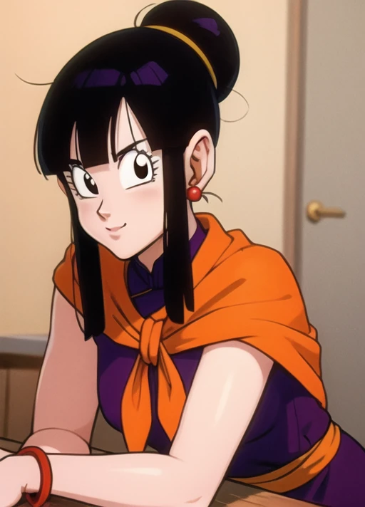 masterpiece, best quality, highest quality, photorealistic, perfect anatomy, perfect face, perfect eyes,
<lora:chichi_ex_03:0.9>, dbzch1ch1, sidelocks, bangs, single hair bun, hair bun, (black eyes), orange pashmina wrap, red sphere earrings , red wristbands, purple cheongsam, sexy pose