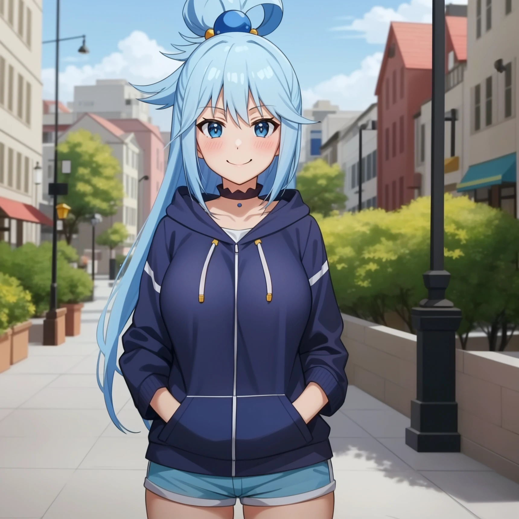 ,<lora:Aqua:1>,
anime screencap,anime coloring,outdoors, blue sky, 
1girl, solo, long hair, blue hair, blue eyes,cowboy shot, shorts,bare legs,smile, hoodie,hands in pockets,  looking at viewer, hair ornament, hair rings, blush, large breasts, closed mouth,city, single hair ring,