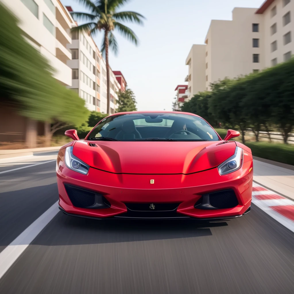 a red ferrari speeding down a busy street , motion blur