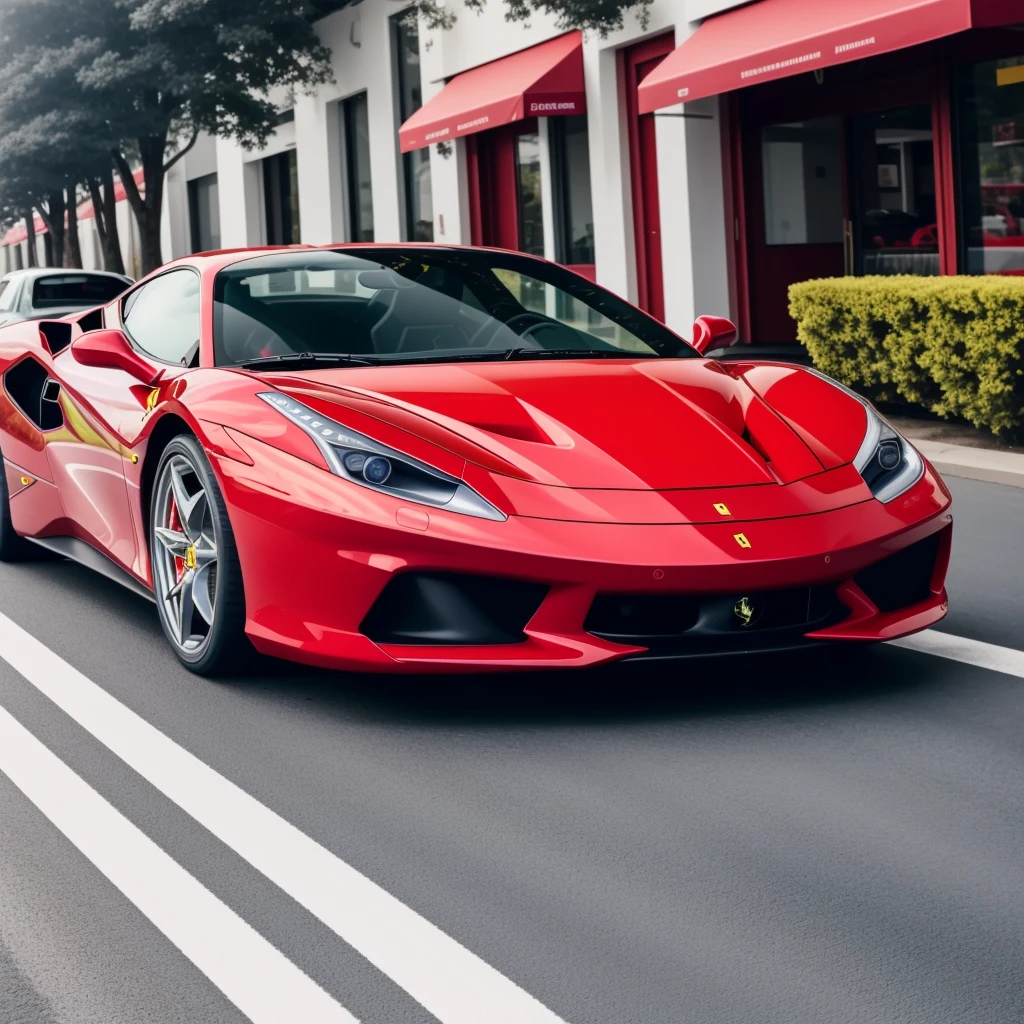 a red ferrari speeding down a busy street